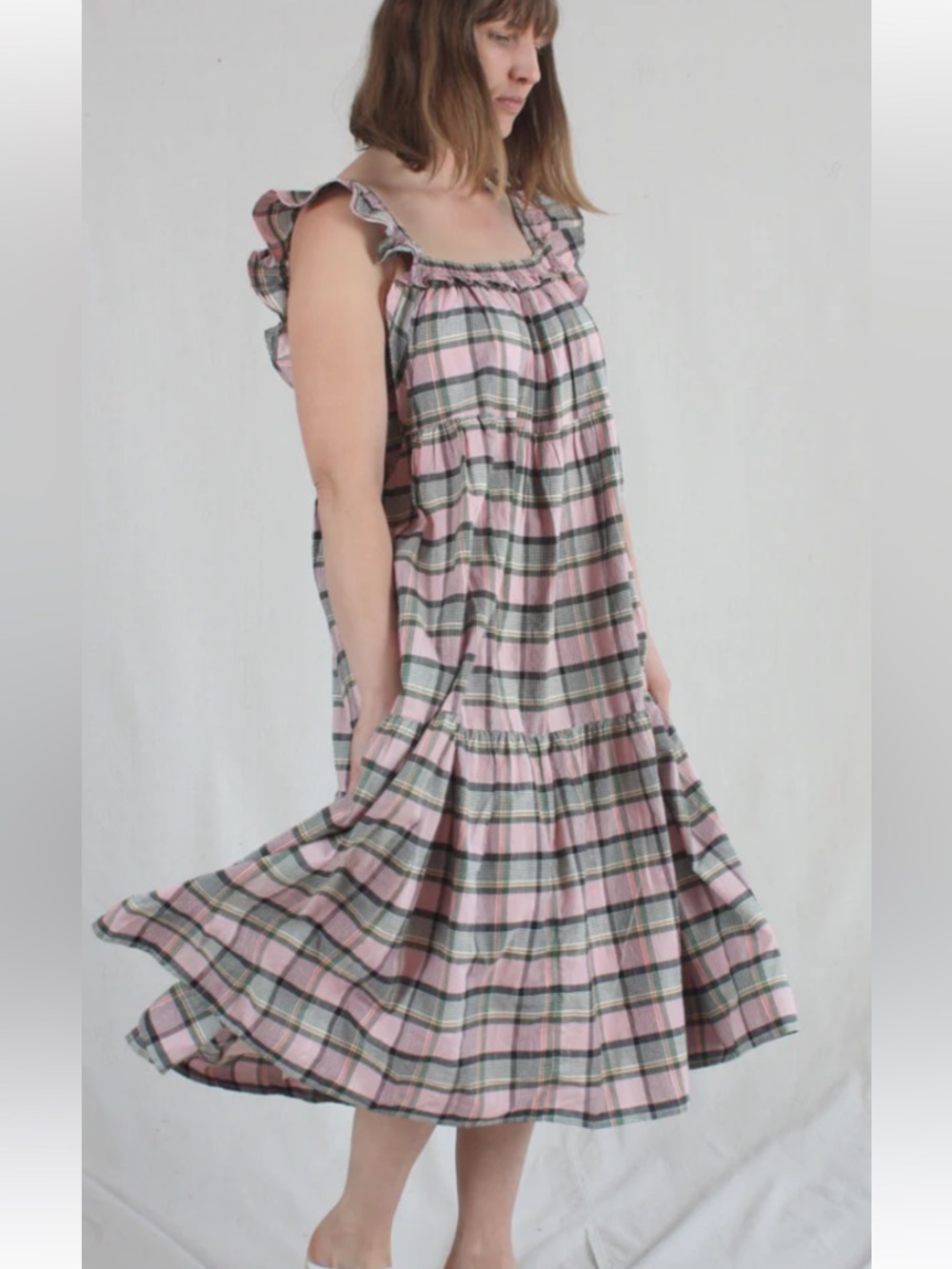 Apiece Apart Pink Plaid Midi Dress Tiered